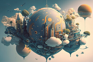 Stunning Generative AI illustration of fantastical surreal sci-fi floating city with beautiful pastel colouring and futuristic styling