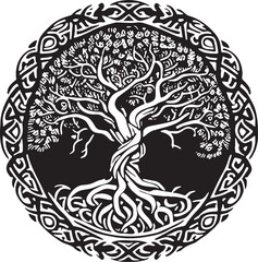 Celtic tree of life decorative Vector ornament, Graphic arts, dot work. Grunge vector illustration of the Scandinavian myths with Celtic culture. Yggdrasil Weltenbaum Wikinger.