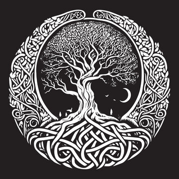 Celtic tree of life decorative Vector ornament, Graphic arts, dot work. Grunge vector illustration of the Scandinavian myths with Celtic culture. Yggdrasil Weltenbaum Wikinger.
