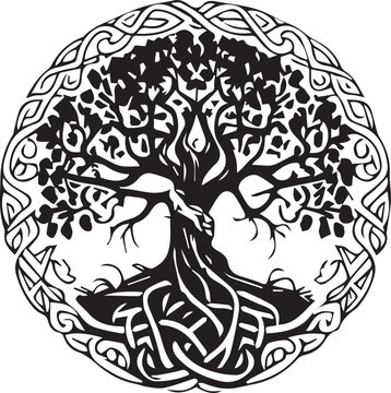 Celtic tree of life decorative Vector ornament, Graphic arts, dot work. Grunge vector illustration of the Scandinavian myths with Celtic culture. Yggdrasil Weltenbaum Wikinger.
