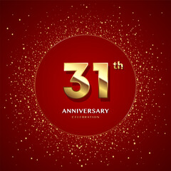 31th anniversary logo with gold numbers and glitter isolated on a red background