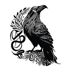 Vector illustration of a Raven. Black tribal animals tattoo, wisdom symbol. Traditional Ancient Viking sacred pattern. Sign of Celtics. Crow Norse soul.