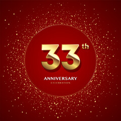 33th anniversary logo with gold numbers and glitter isolated on a red background