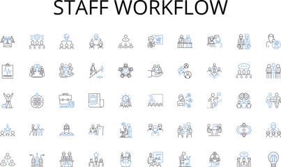 Staff workflow line icons collection. Data, Knowledge, News, Flow, Content, Communication, Pipeline vector and linear illustration. Transmission,Channel,Broadcast outline signs set