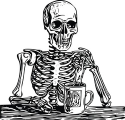 Skeleton is drinking coffee from a cup. Black linework tattoo of a skull drinking coffee. Ink black and white drawing