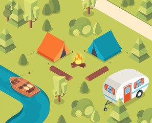 Isometric camping concept. Orange and blue tent with fire near river. Active lifestyle and hiking. Summer and spring season. Camper and bonfire. Cartoon vector illustration