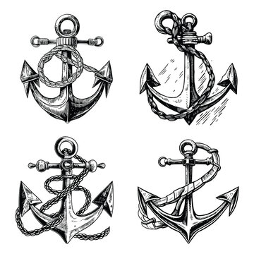 Anchors, labels for logotype or print design in vintage style. Marine emblems logo with anchor and rope, anchor logo. Hand-drawn anchor with rope Isolated on white background.