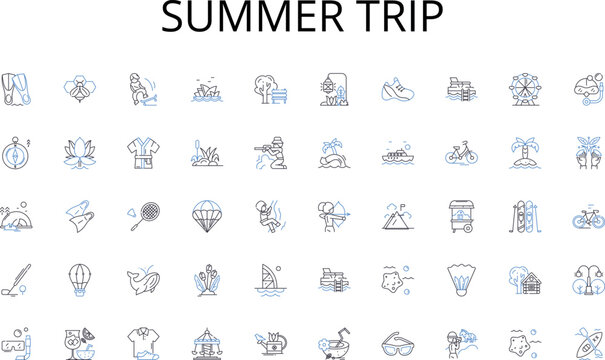 Summer trip line icons collection. Promotion, Identity, Marketing, Awareness, Branding, Advertising, Communication vector and linear illustration. Strategy,Campaign,Recognition outline signs set