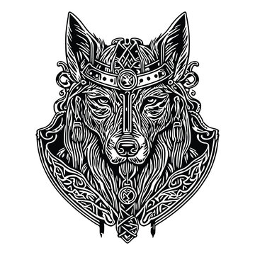 Vector illustration of a wolf head with an ornament
