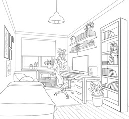 Typical interior design of a very cozy bedroom of a teenage game - 599843628