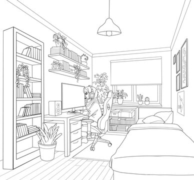 Girl gamer or streamer with a headset sits in front of a computer in a cozy room