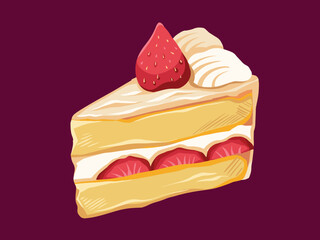 Japanese strawberry shortcake cream triangle sliced cake vector illustration isolated on dark pink horizontal background. Simple flat full colored sweet dessert food drawing.