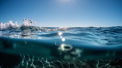 Split low level shot above and below water showing blue sky and sand ocean bed. A.I. generated.
