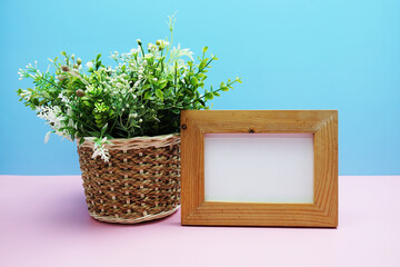 Empty wooden frame with green artificial plant on pink and blue background