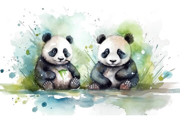 Watercolor painting of two lovely panda bear in a bamboo forest.