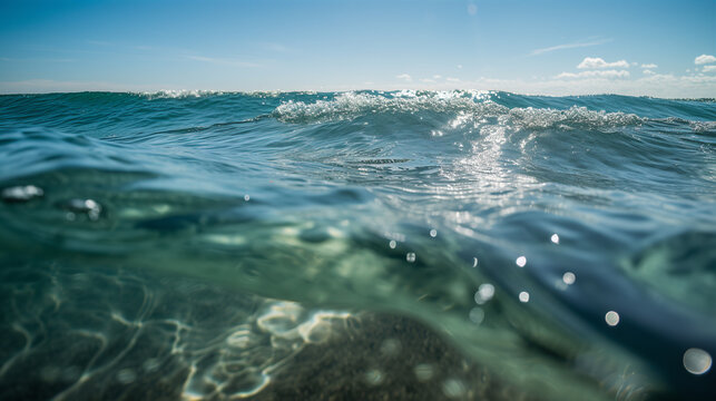 Split low level shot above and below water showing blue sky and sand ocean bed. A.I. generated.
