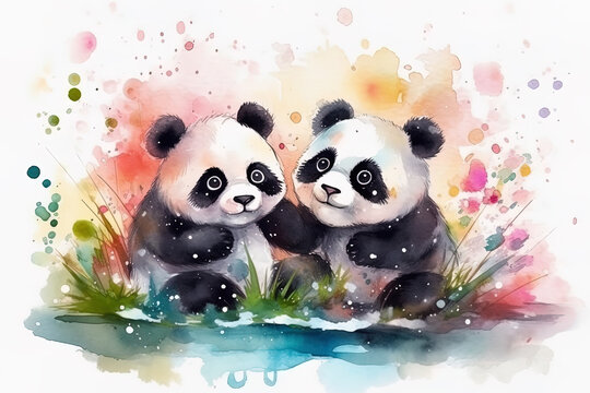 Watercolor painting of two lovely panda bear in a bamboo forest.