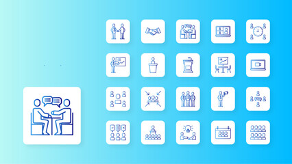 Fototapeta premium Meeting icon collection with blue gradient outline style. training, video, leadership, chat, member, cooperation, handshake. Vector Illustration