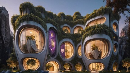 The Hive - Sci-fi futuristic brutalist architecture style building structure with rounded honeycomb pattern and lush vegetation façade - Generative AI Illustration