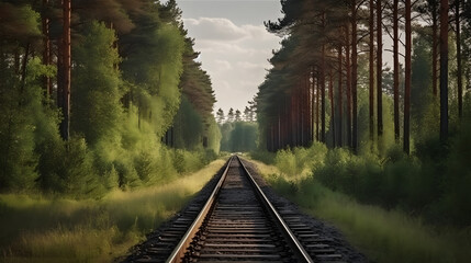 Fototapeta premium Forest Trees Along a Railroad on a Summer Afternoon, generative AI