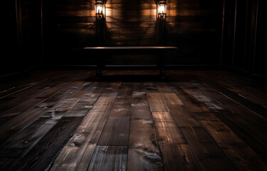 Perspective background of a wooden plank floor with wooden background wall. Generative AI.