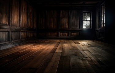 Perspective background of a wooden plank floor with wooden background wall. Generative AI.