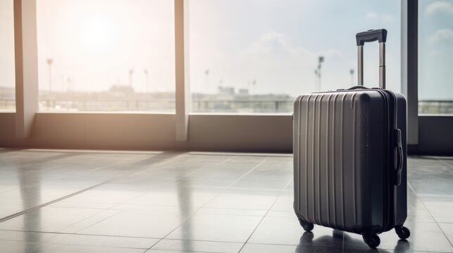 Travel suitcase with airport defocused background. Generative AI