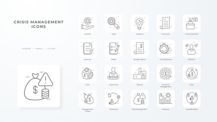 Crisis management icon collection with black outline style. investment, umbrella, process, identify, hazard, secure, team. Vector Illustration