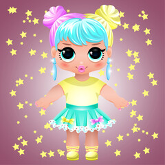 Cartoon cute doll on a starry background.