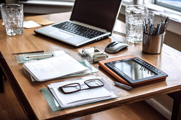 Table with papers with chart and investment graphs, pens, calculators.