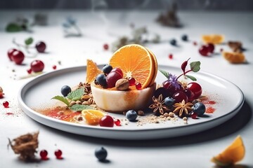 Fresh yummy dessert with berries, fruits and Cinnamon. Inspiration for creating dishes.