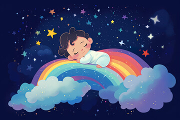Drawing of a baby sleeping among the clouds. Generative AI. - obrazy, fototapety, plakaty