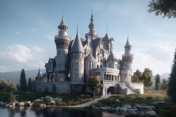 Obraz premium 3d image of fairy-tale castle with a pond and swans, a bridge and dense vegetation,