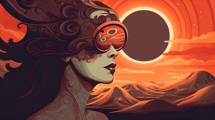The concept of the symbolism of the planets in Astrology. Metaphor of a solar eclipse. female face with glasses, retro style. Generated AI