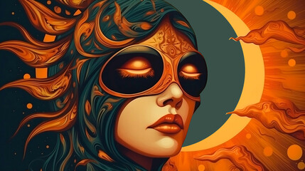 Fototapeta na wymiar The concept of the symbolism of the planets in Astrology. Metaphor of a solar eclipse. female face with glasses, retro style. Generated AI