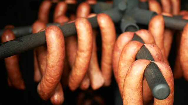 Sausage lamb red smokehouse smoked on beech wood slaughter traditional Italy household detail close-up, sausage-meat pork pig rosemary delicious sheep, smoked meat hanging ribs blood Europe