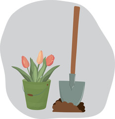 Planting flowers. Landscaping at home. High quality vector illustration.