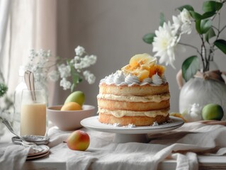 Beautiful vanila cake on the table. Generative AI