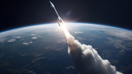 A rocket soars from Earth into space, science concept. Generative AI