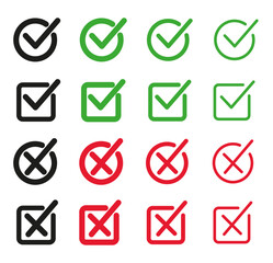 Set of flat buttons. Green ticks and red crosses. Circle and square and different thickness of lines. Vector graphics.
