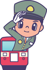 列車から顔を出し敬礼する車掌