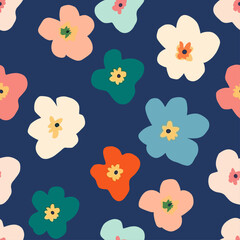 Hand drawn cute cartoon style flowers print. Modern botanical pattern