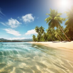 Sunny tropical beach with palm leaves, generative ai