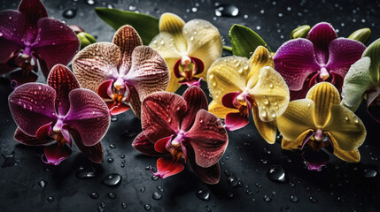 Fototapeta na wymiar Background of Orchids with raindrops created with generative AI technology