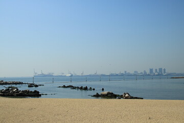 Fototapeta na wymiar 潮芦屋ビーチ(兵庫県芦屋市)から見た神戸・六甲アイランドの風景