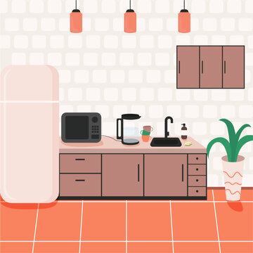 kitchen interior with orange floor, frige, microwave, kettle, teapod