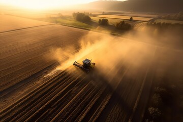 aerial view of a tractor spraying a field