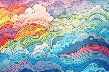 Fototapeta na wymiar Pencil drawing of the cloudy sky with the rainbow and its colors. Very colorful pop style. Generative AI.