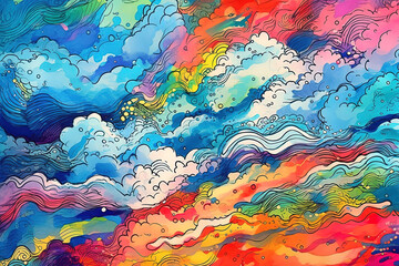 Pencil drawing of the cloudy sky with the rainbow and its colors. Very colorful pop style. Generative AI.