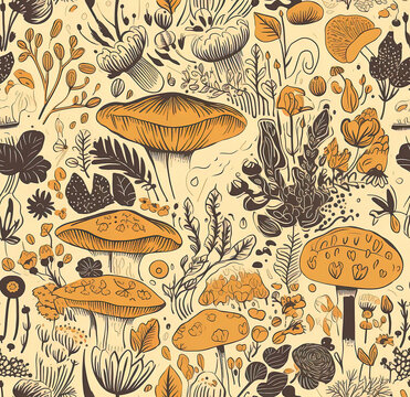 Seamless drawing of mushrooms in all browns. Generative AI.